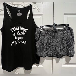 2 Pc PJ Set 🖤🤍 Black Tank with Text & Black & White  Patterned Shorts w Pockets